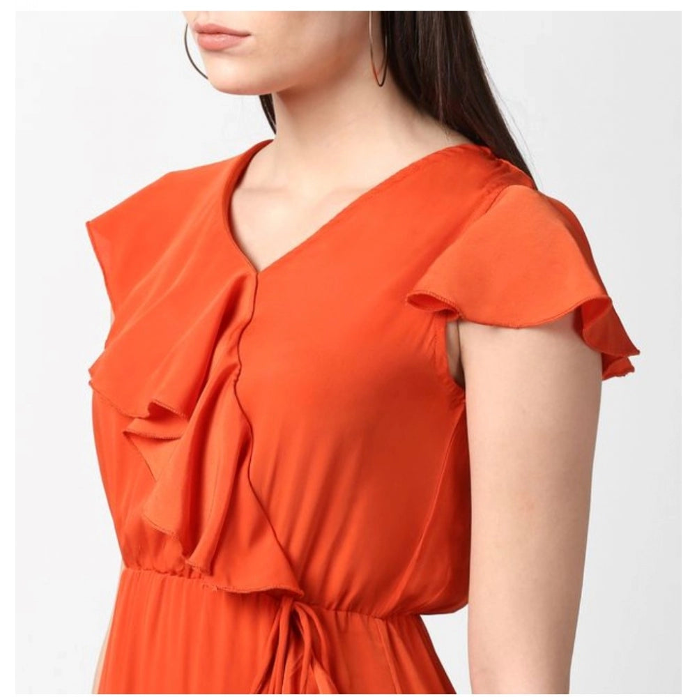 Women's Polyester Ruffled Cap Sleeve Knee-Length Dress (Orange)