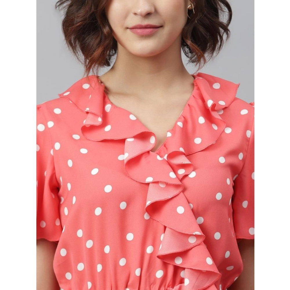 Women's Polyester Polka Flutter Above Knee Dress (Coral)