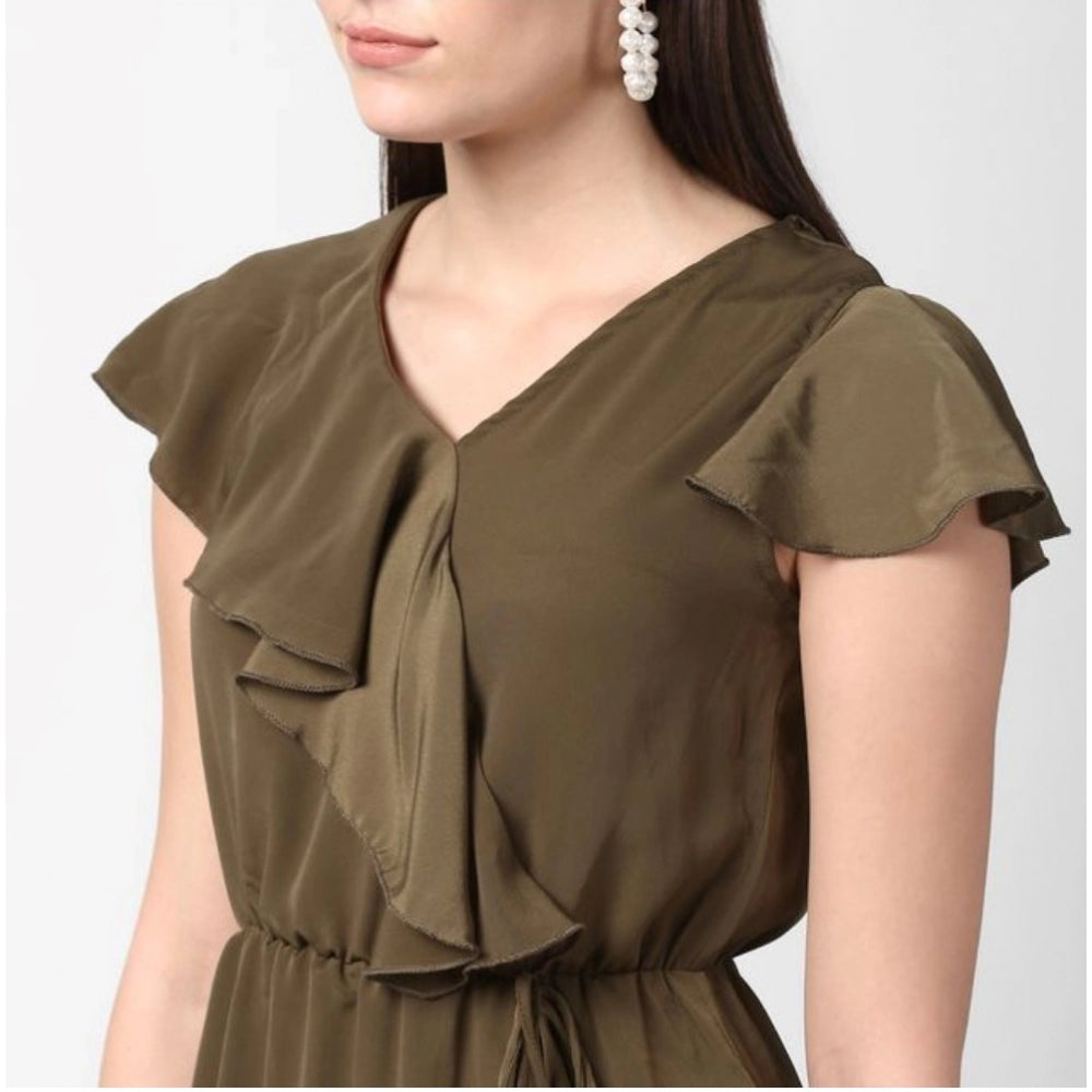 Women's Polyester Ruffled Cap Sleeve Knee-Length Dress (Olive)