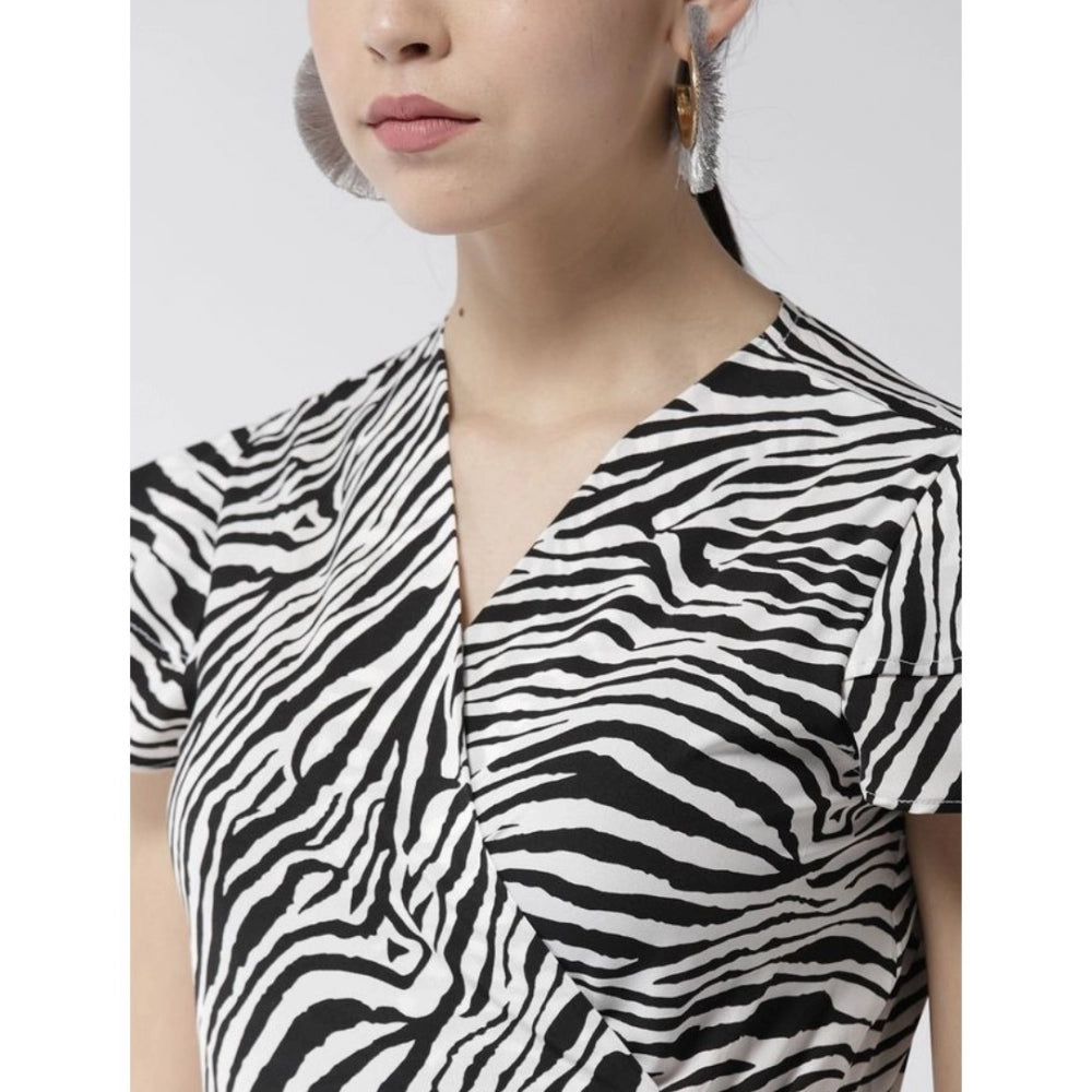 Women's Polyester Animal Print Short Sleeve Knee-Length Dress (Black - White)
