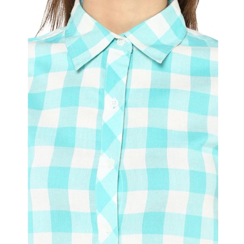 Women's Rayon Checkered Short Sleeve Above Knee Dress (SkuBlue - White)