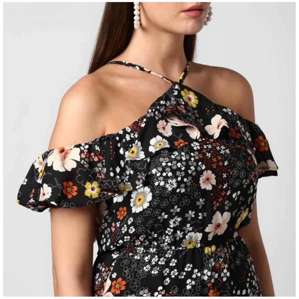 Women's Polyester Floral Cold Shoulder Above Knee Dress (Black)