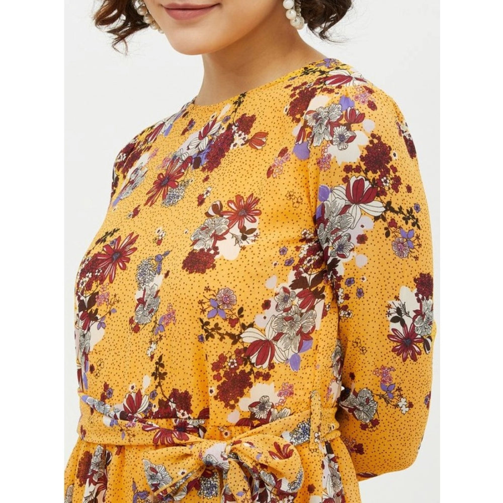 Women's Polyester Floral Long Sleeves Calf-length Dress (Multicolor)