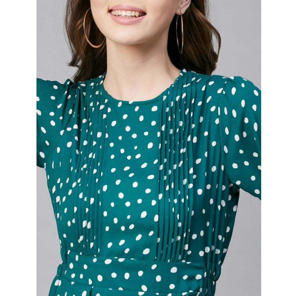 Women's Polyester Polka Long Sleeves Above Knee Dress (Green - White)