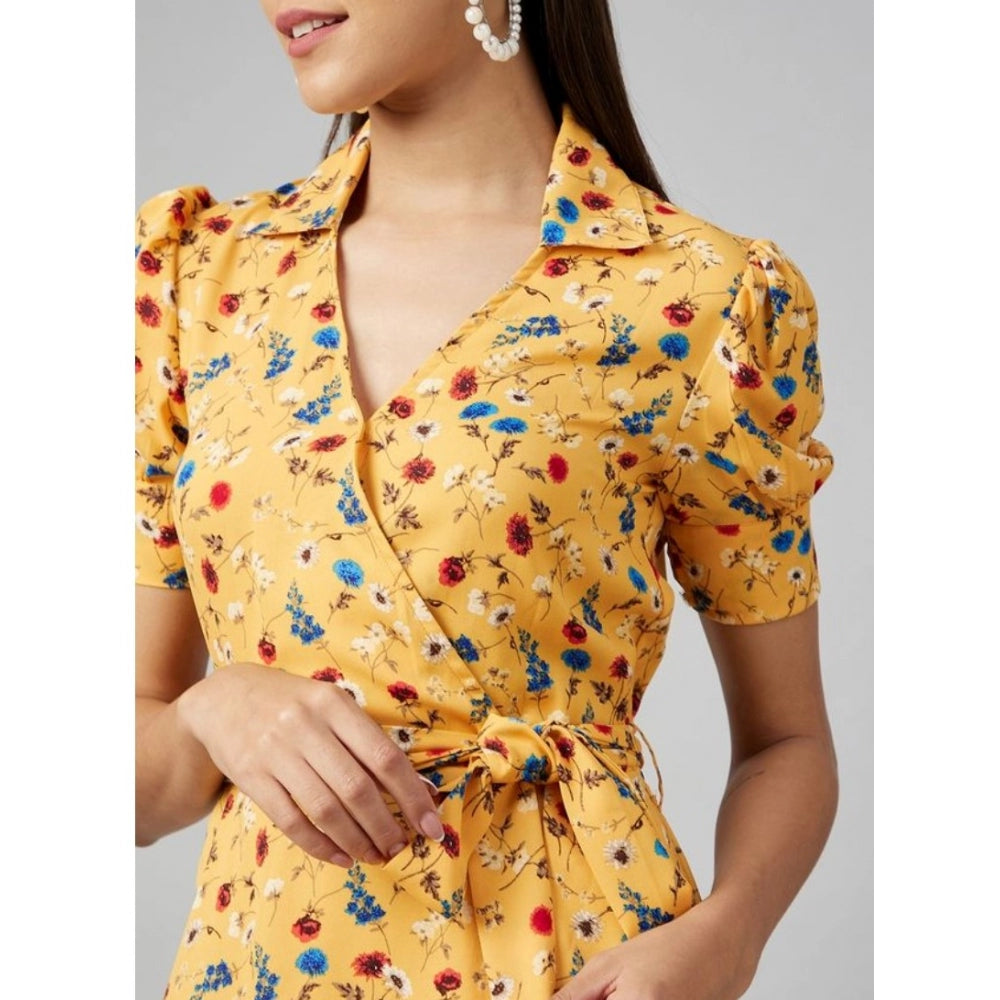 Women's Polyester Floral Short Sleeve Above Knee Dress (Yellow)