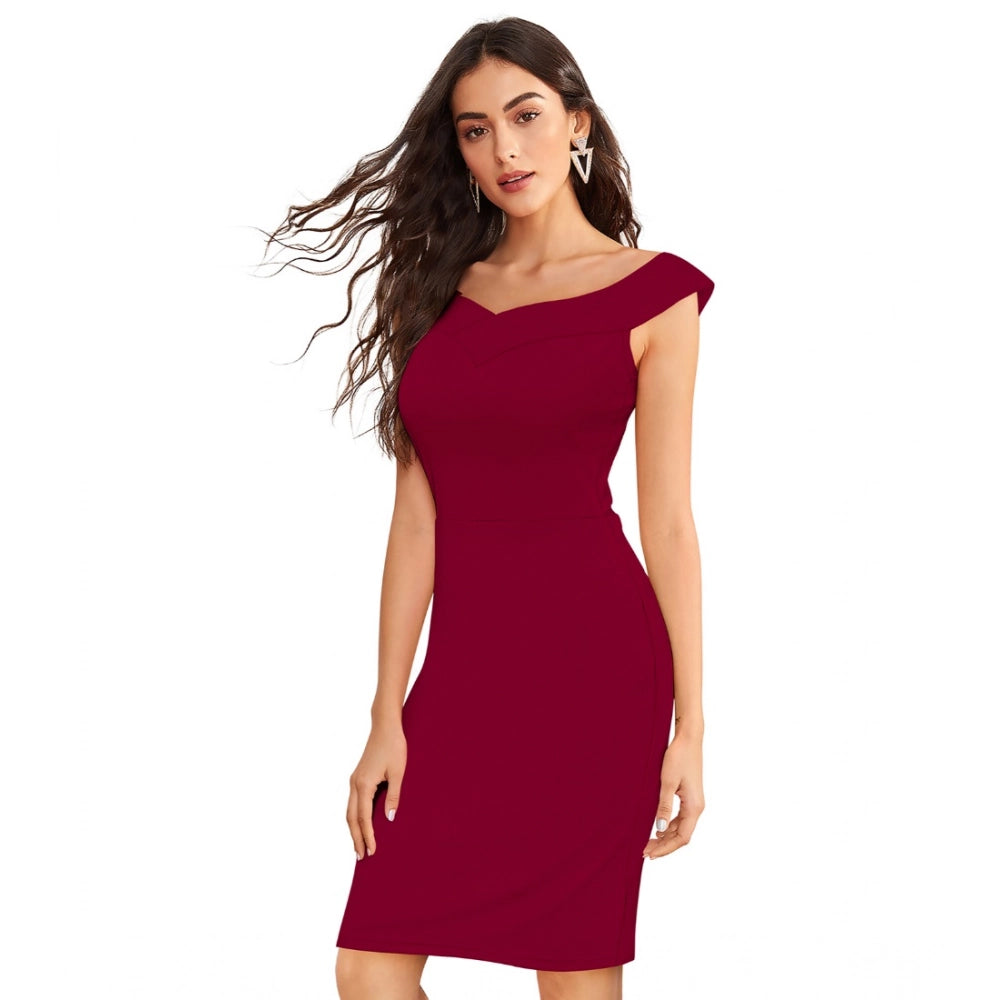 Women's Knitting stretchable Solid Round Neck Sleeveless Dress (Maroon)