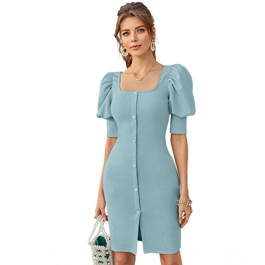 Women's Knitting stretchable Solid Square Neck 3-4 Puff Sleeve Dress (Pista)