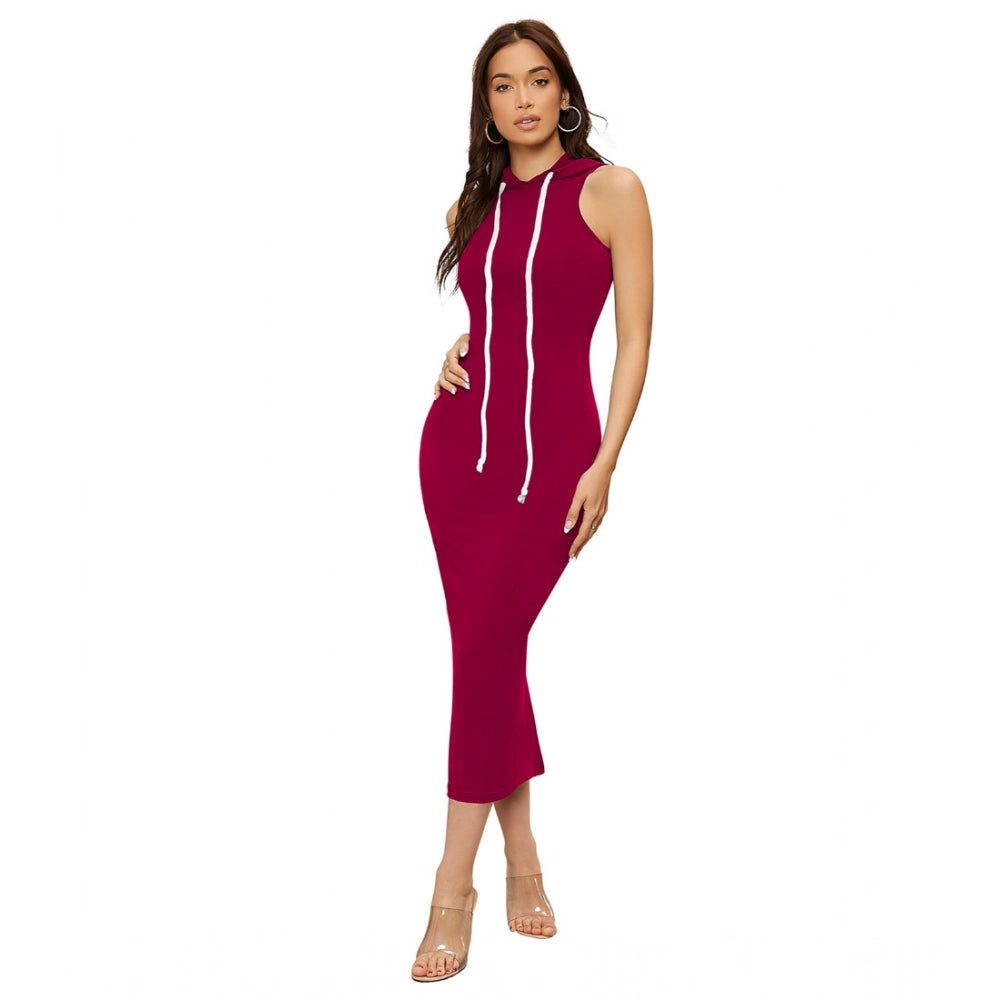 Women's Knitting stretchable Solid Round Neck Sleeveless Dress (Maroon)