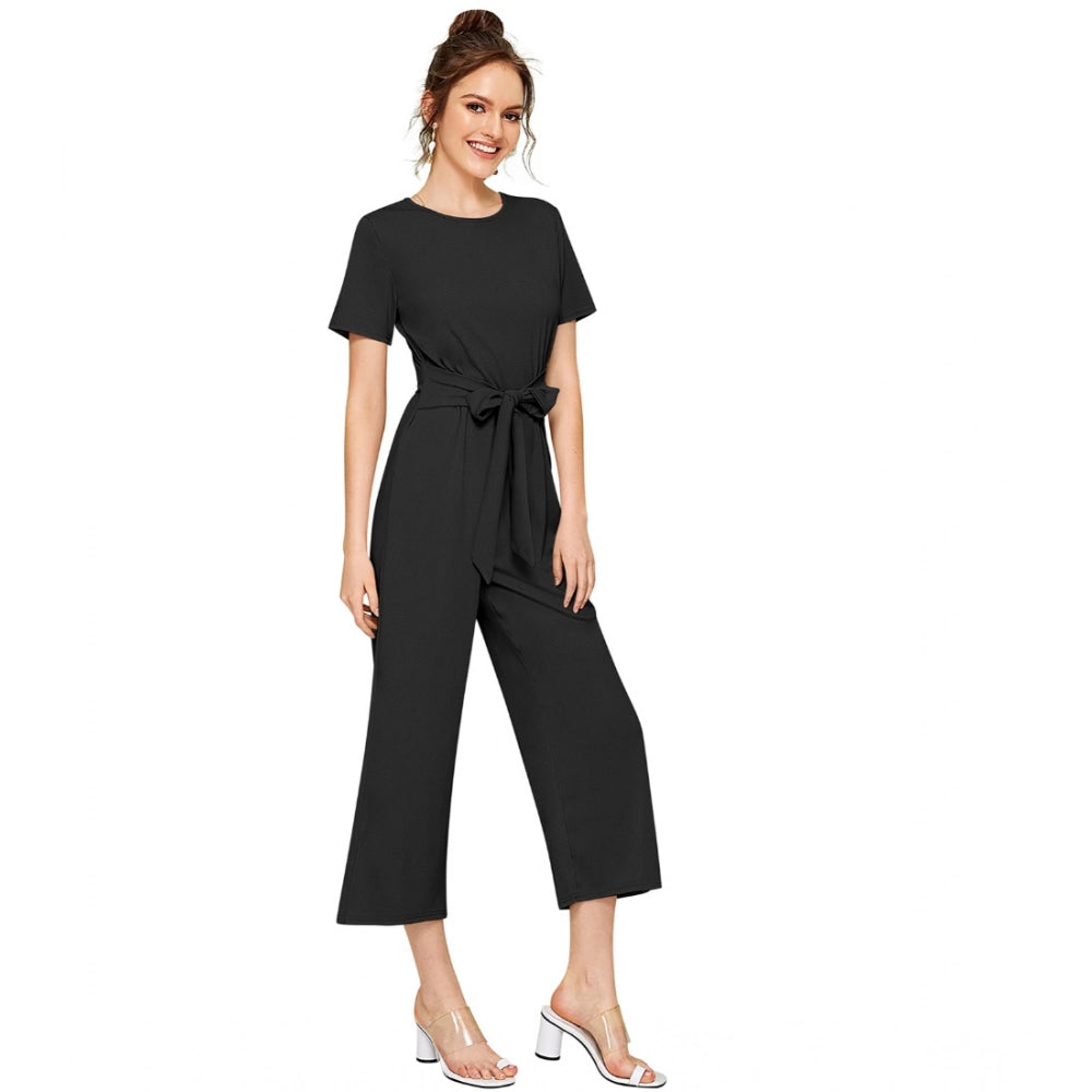 Women's Knitting stretchable Solid Round Neck Cap Sleeve Jumpsuit (Black)
