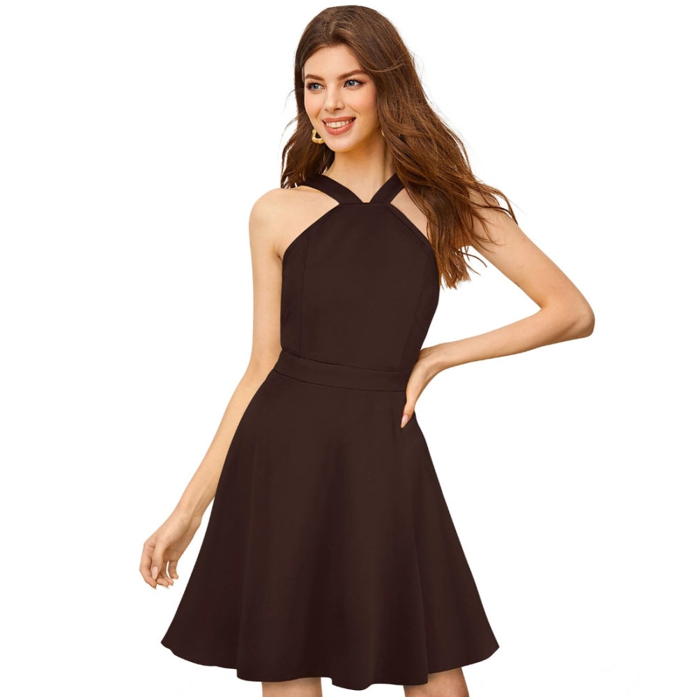 Women's Knitting stretchable Solid Halter Neck Sleeveless Dress (Coffee)
