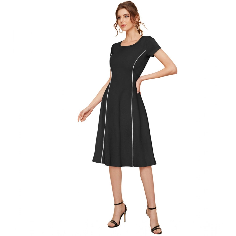 Women's Knitting stretchable Solid Round Neck Cap Sleeve Dress (Black)
