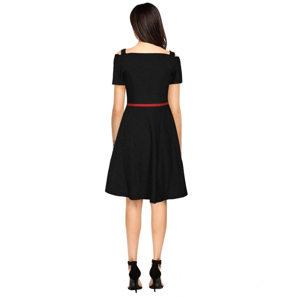 Women's Polyester Solid V Neck Cap Sleeve Dress (Black)