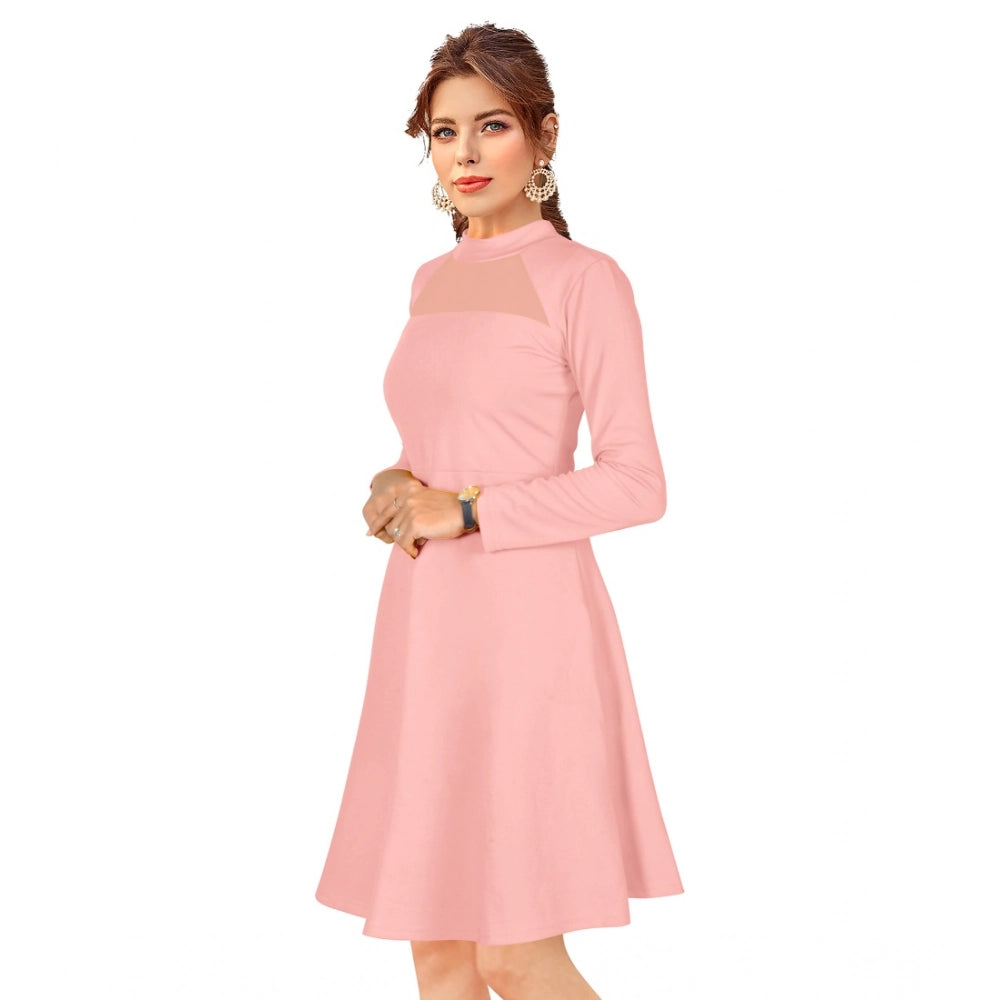 Women's Knitting stretchable Solid Round Neck Full Sleeve Dress (Peach)