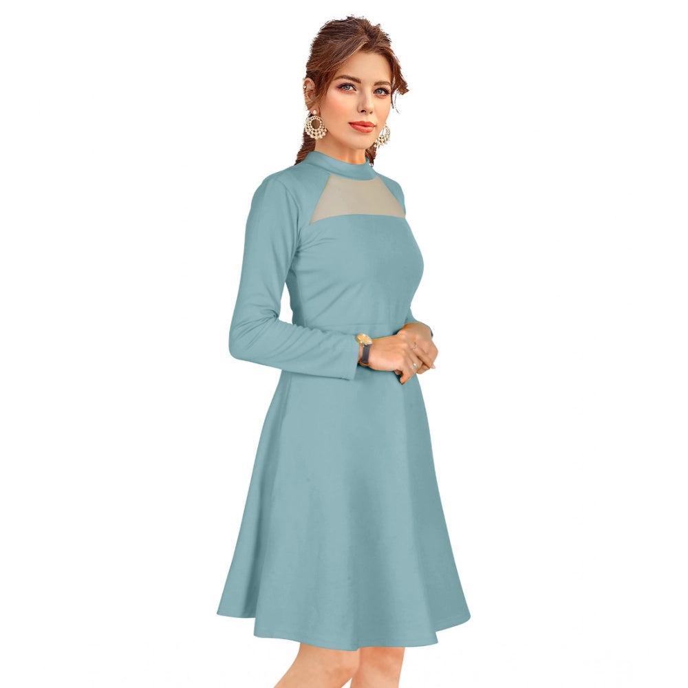 Women's Knitting stretchable Solid Round Neck Full Sleeve Dress (Pista)