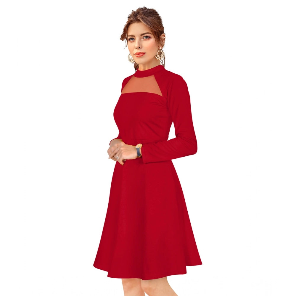 Women's Knitting stretchable Solid Round Neck Full Sleeve Dress (Red)