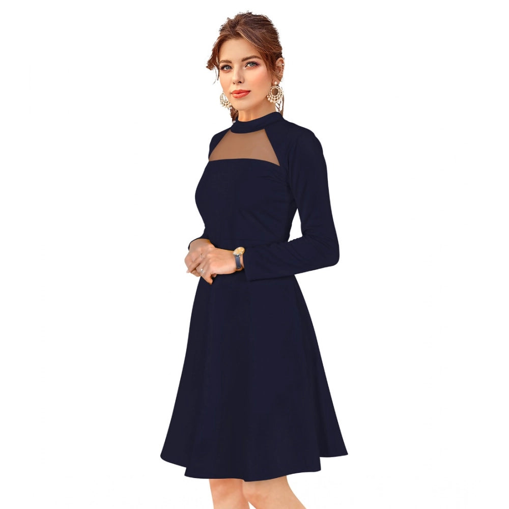 Women's Knitting stretchable Solid Round Neck Full Sleeve Dress (Blue)