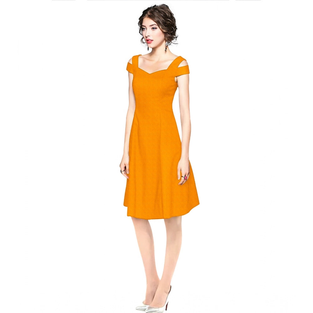 Women's Polyester Solid V Neck Cap Sleeve off Shoulder Dress (Yellow)