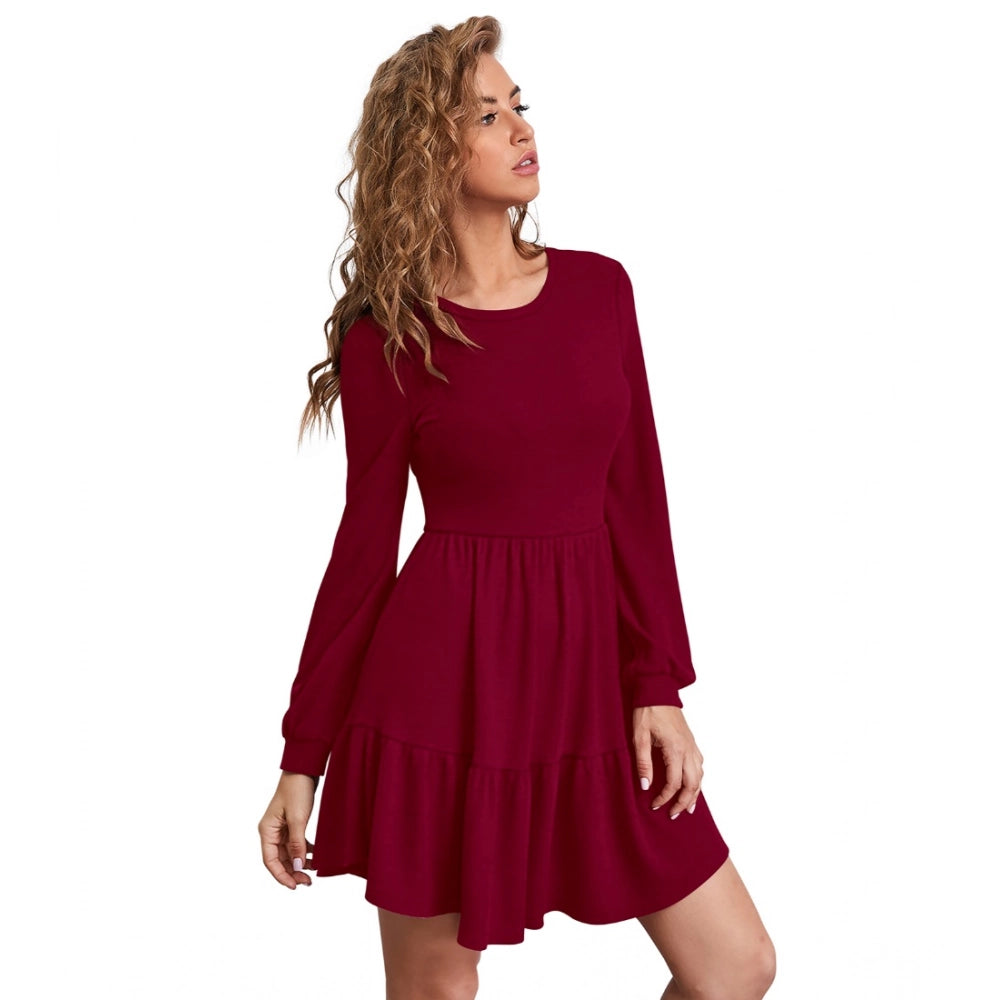 Women's Knitting stretchable Solid Round Neck Full Sleeve Dress (Maroon)