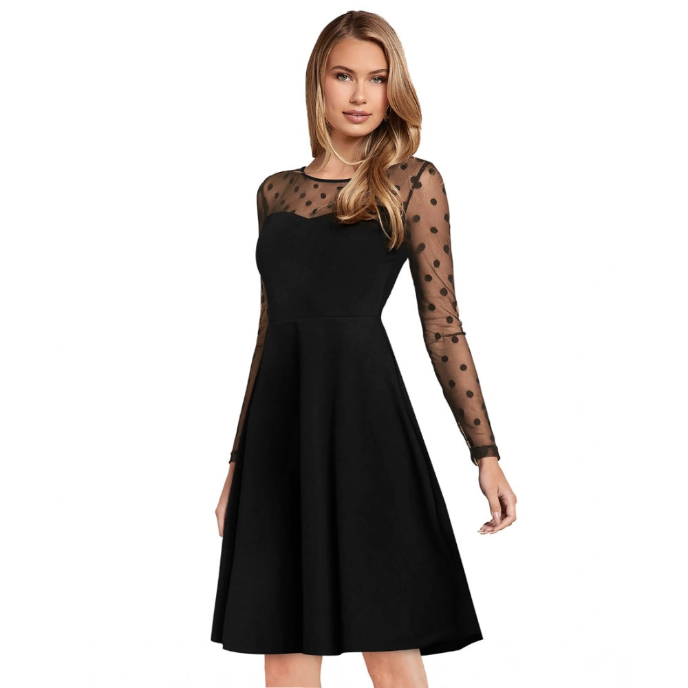 Women's Knitting stretchable Solid Round Neck Full Sleeve Dress (Black)