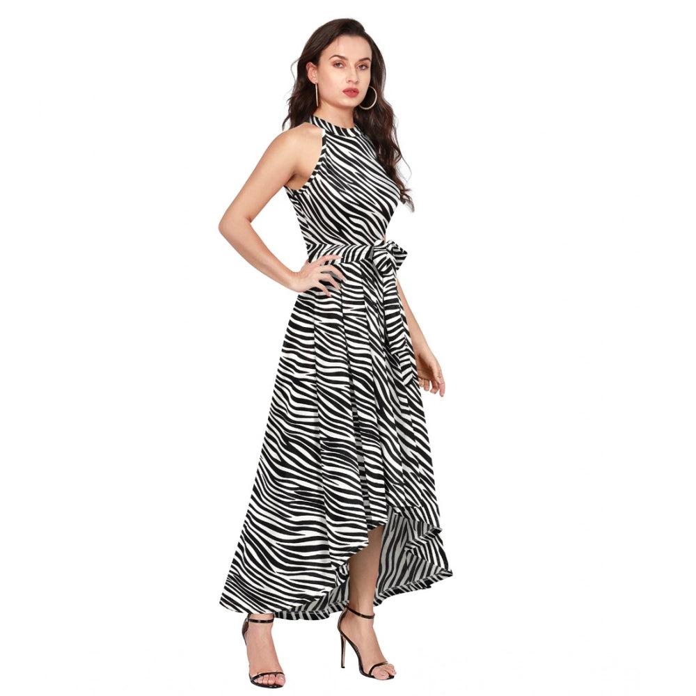 Women's Polyester Zebra Pattern Halter Neck Sleeveless Dress (White)