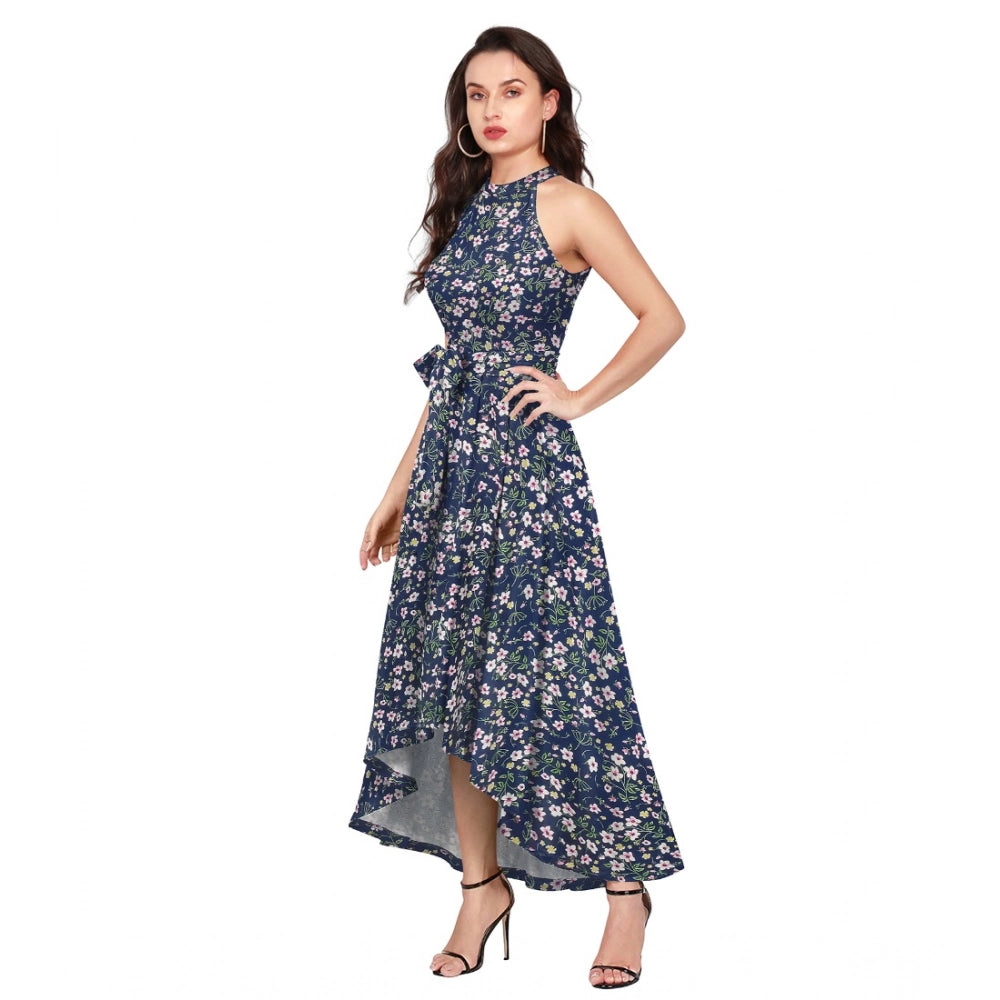 Women's Polyester Printed Halter Neck Sleeveless Dress (Blue)