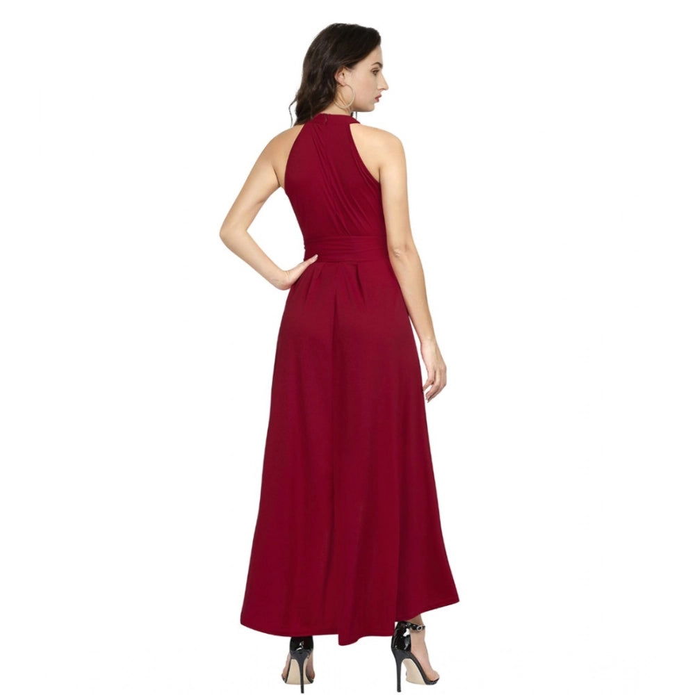 Women's Polyster Solid Halter Neck Sleeveless Dress (Maroon)