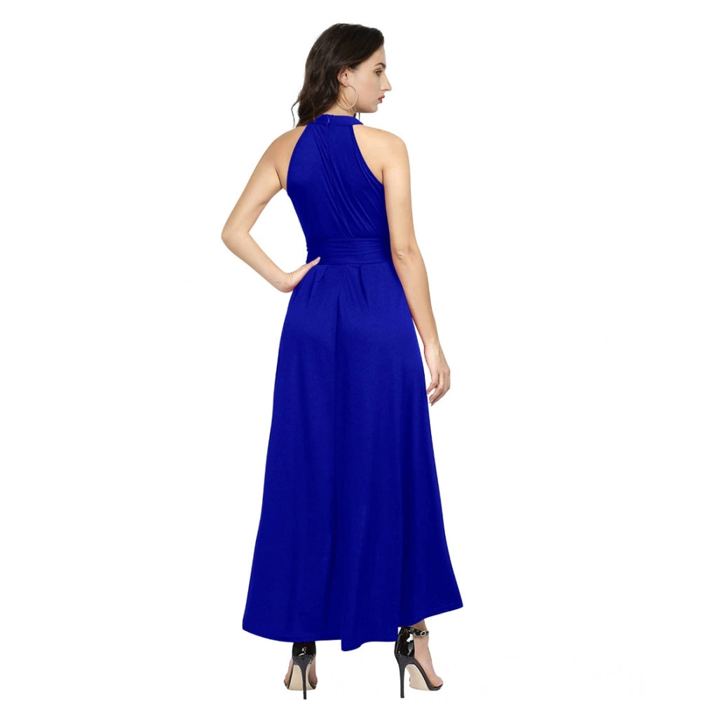 Women's Polyster Solid Halter Neck Sleeveless Dress (Royal Blue)