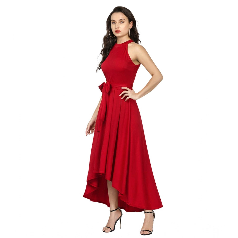 Women's Polyster Solid Halter Neck Sleeveless Dress (Red)