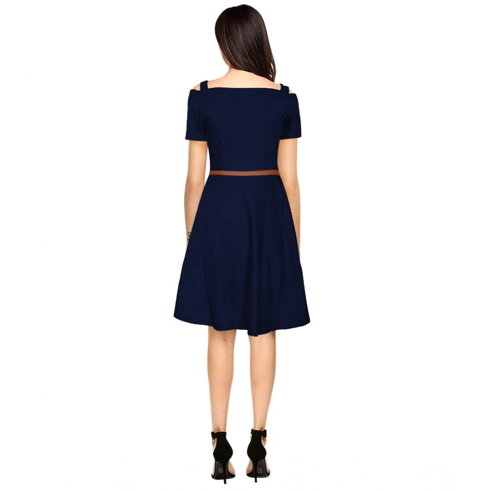 Women's Polyester Solid V Neck Cap Sleeve Dress (Blue)