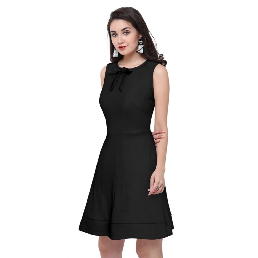 Women's Polyester Solid Round Neck Sleeveless Dress (Black)