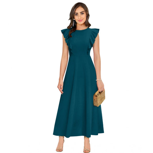 Women's Knitting stretchable Solid Round Neck Ruffled Sleeve Dress (Morpich)