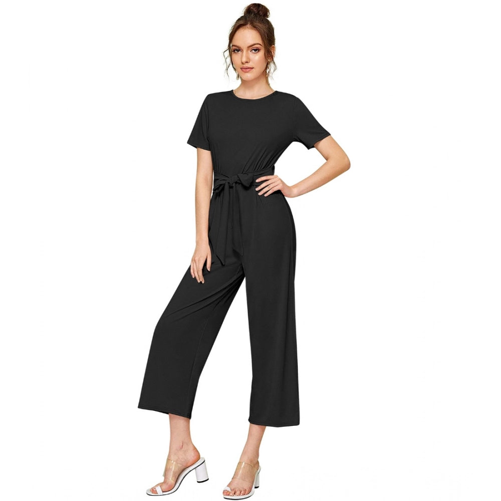 Women's Knitting stretchable Solid Round Neck Cap Sleeve Jumpsuit (Black)