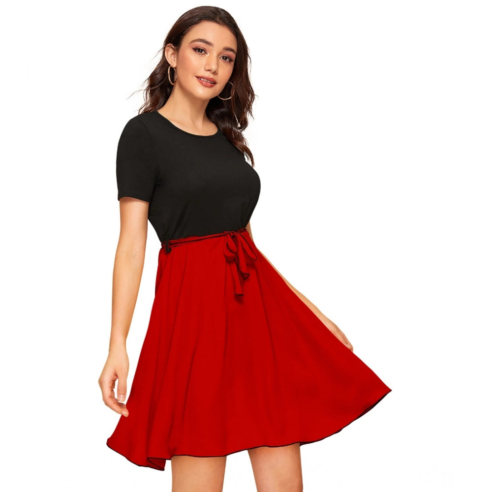 Women's Knitting stretchable Solid Round Neck Cap Sleeve Dress (Red)