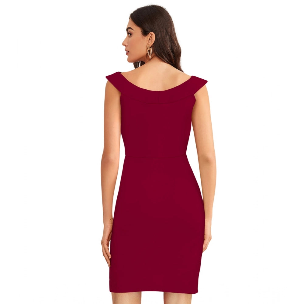 Women's Knitting stretchable Solid Round Neck Sleeveless Dress (Maroon)
