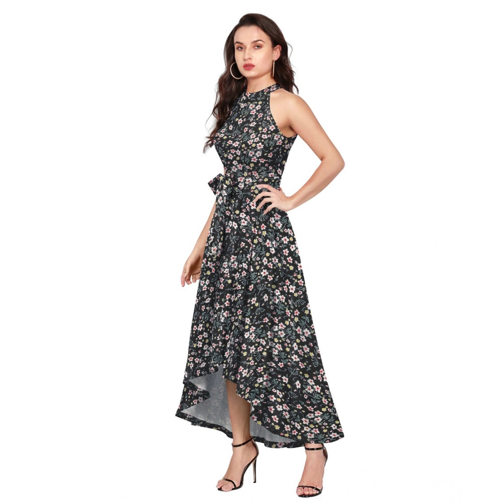 Women's Polyester Printed Halter Neck Sleeveless Dress (Black)