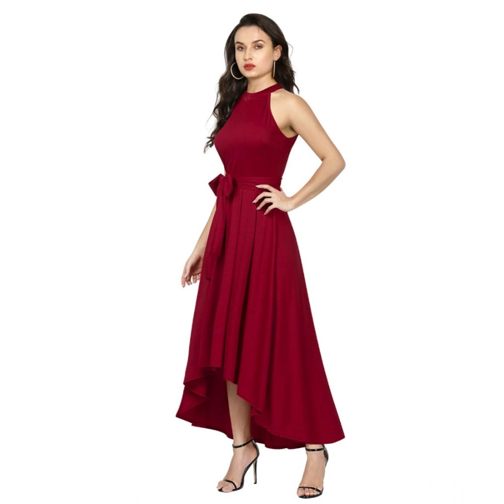 Women's Polyster Solid Halter Neck Sleeveless Dress (Maroon)