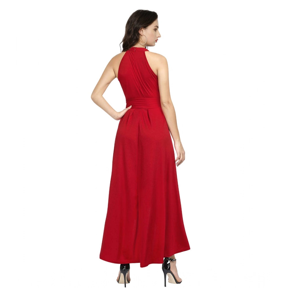 Women's Polyster Solid Halter Neck Sleeveless Dress (Red)