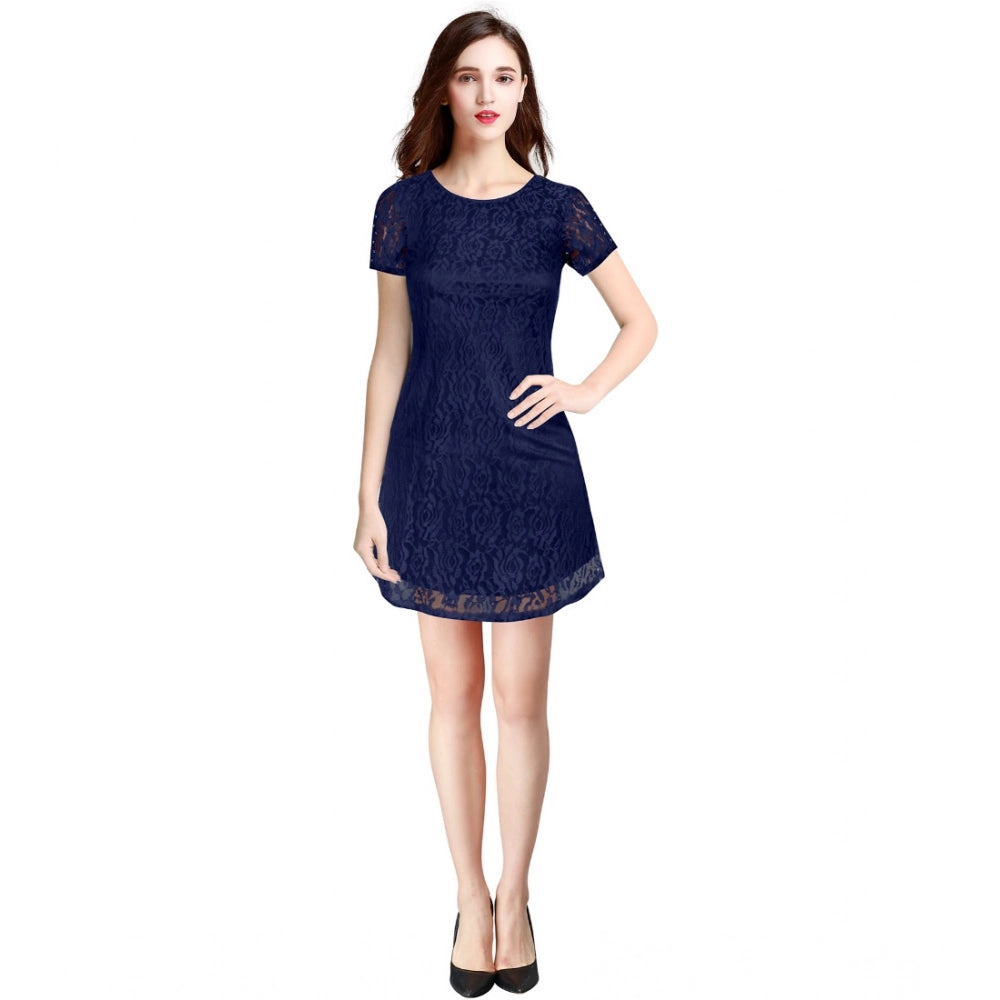 Women's Rasal Solid Round Neck Cap Sleeve Dress (Blue)