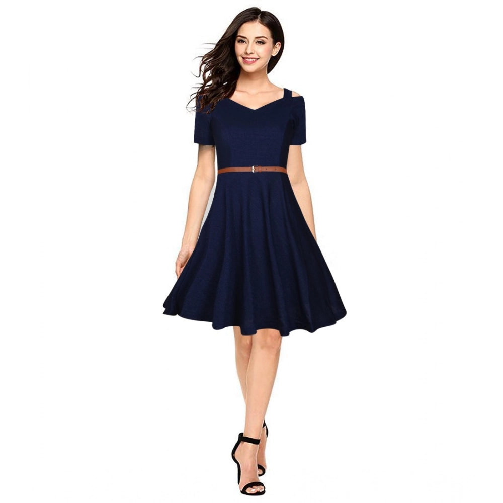 Women's Polyester Solid V Neck Cap Sleeve Dress (Blue)