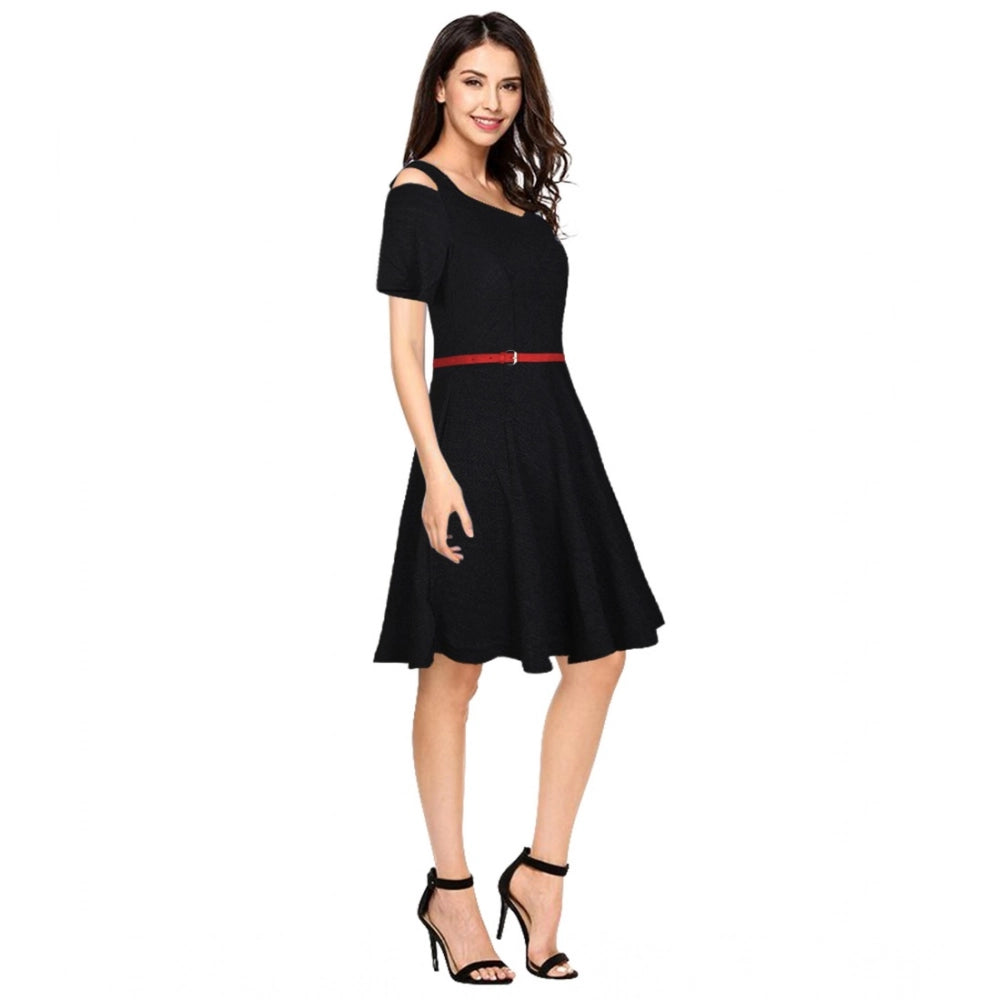 Women's Polyester Solid V Neck Cap Sleeve Dress (Black)