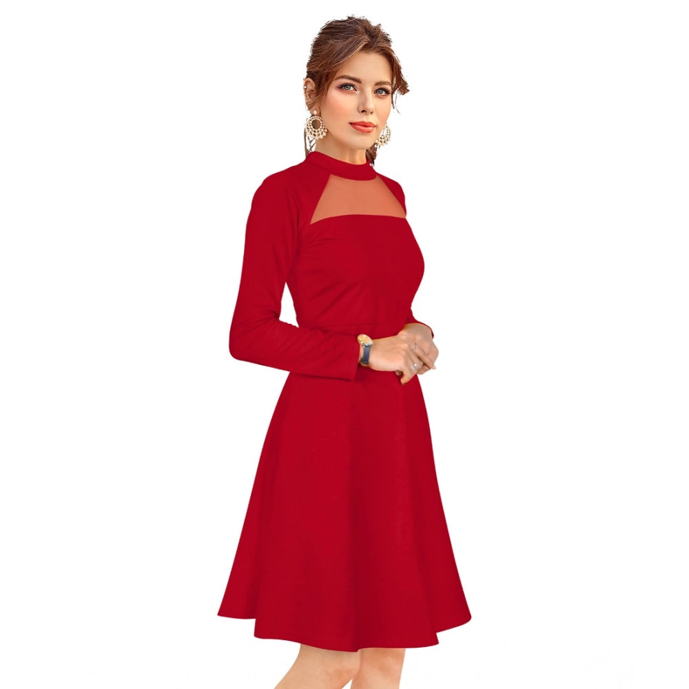 Women's Knitting stretchable Solid Round Neck Full Sleeve Dress (Red)