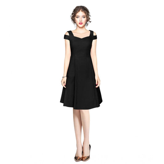 Women's Polyester Solid V Neck Cap Sleeve off Shoulder Dress (Black)