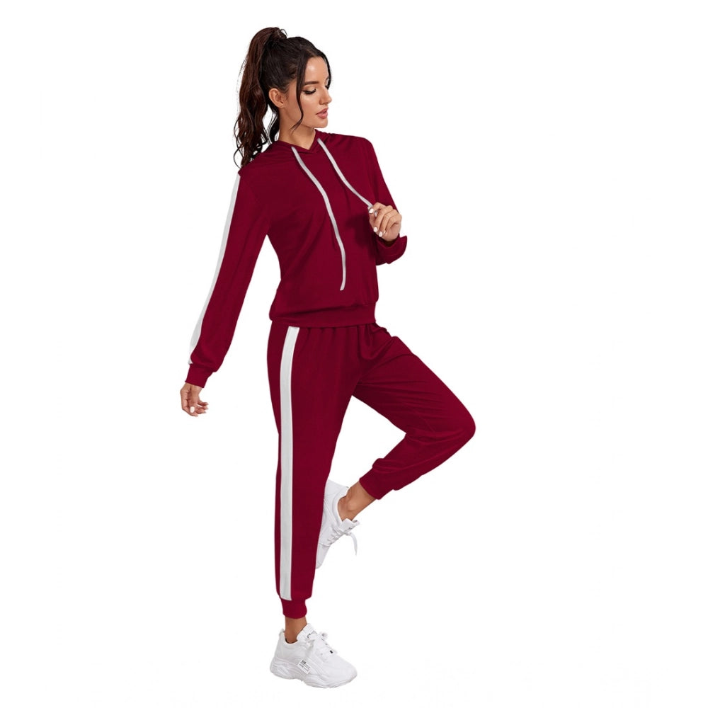 Women's Knitting stretchable Solid Hooded Neck Full Sleeve Track Suit (Maroon)