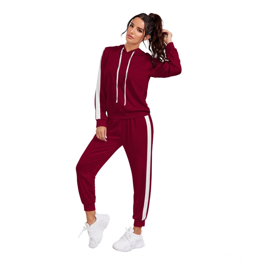 Women's Knitting stretchable Solid Hooded Neck Full Sleeve Track Suit (Maroon)