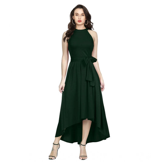 Women's Polyster Solid Halter Neck Sleeveless Dress (Green)