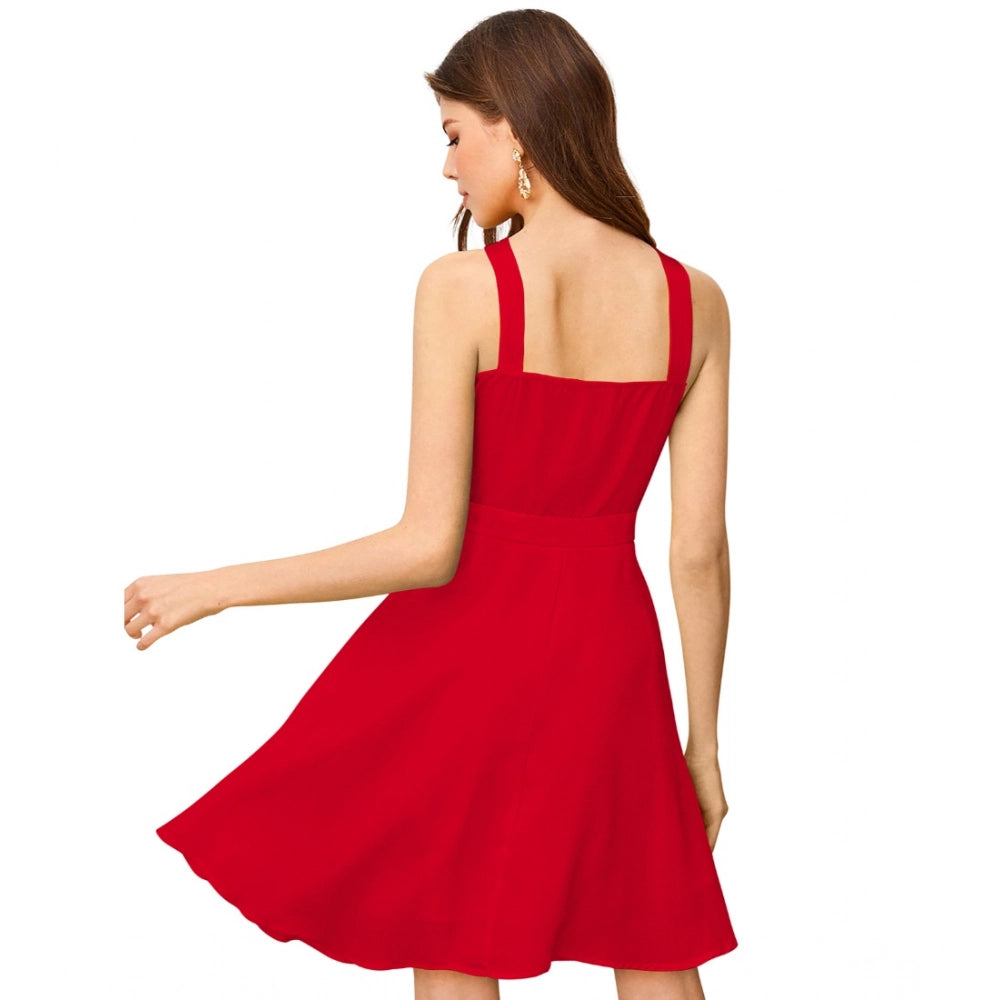 Women's Knitting stretchable Solid Halter Neck Sleeveless Dress (Red )