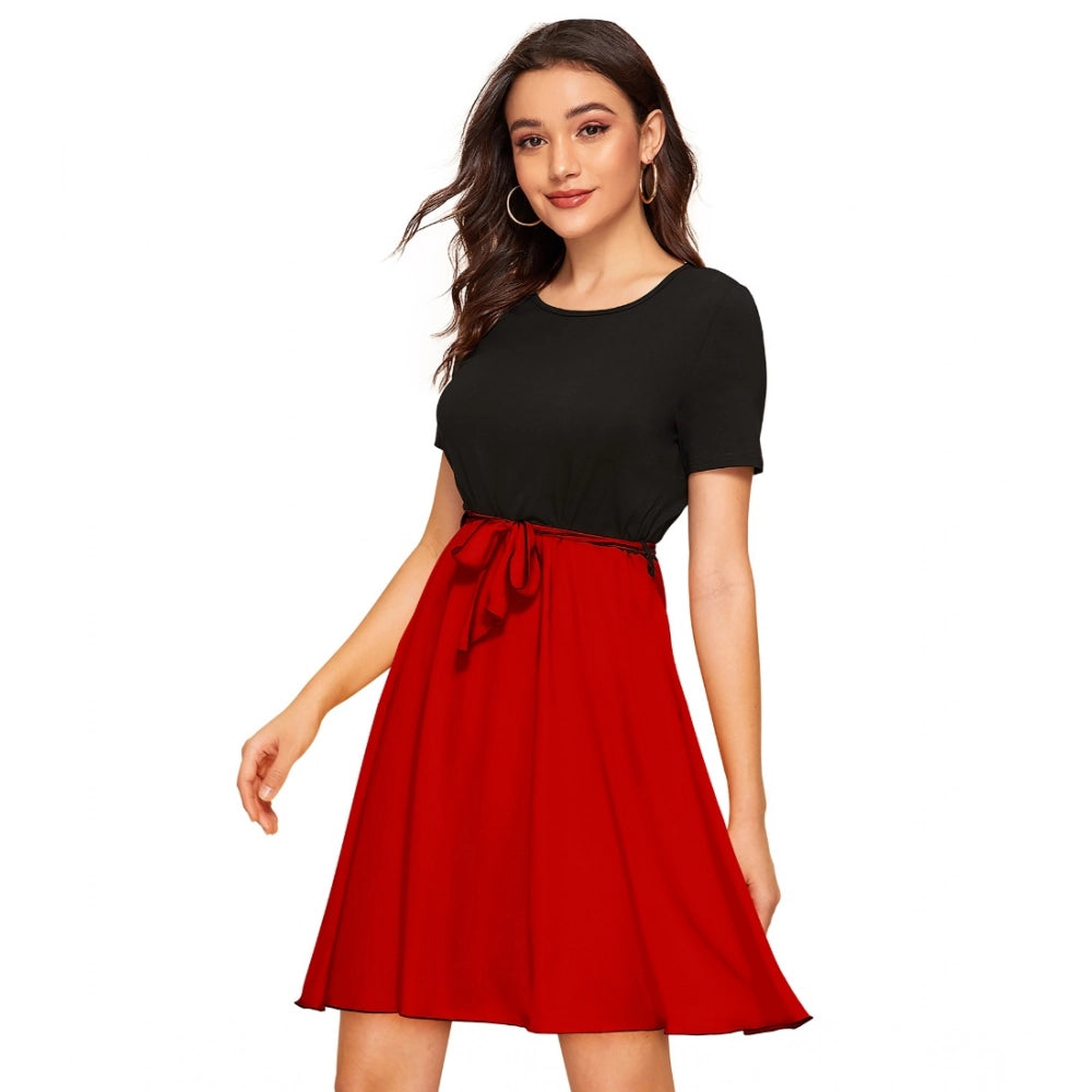 Women's Knitting stretchable Solid Round Neck Cap Sleeve Dress (Red)