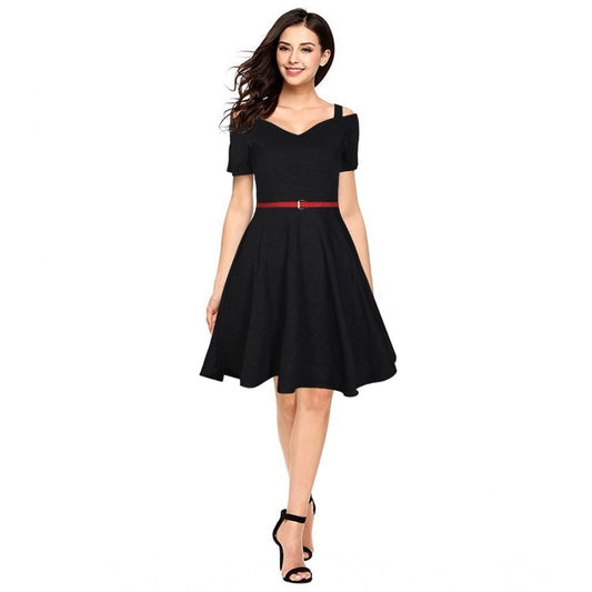 Women's Polyester Solid V Neck Cap Sleeve Dress (Black)