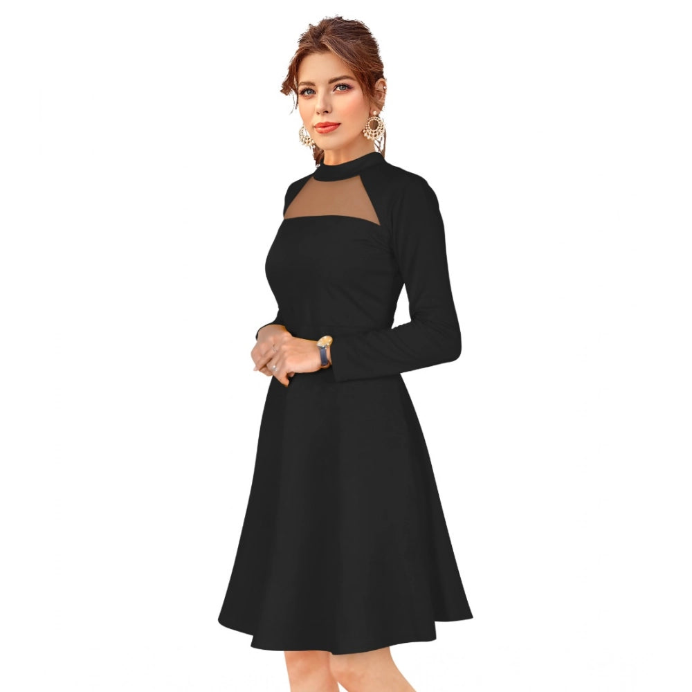 Women's Knitting stretchable Solid Round Neck Full Sleeve Dress (Black)