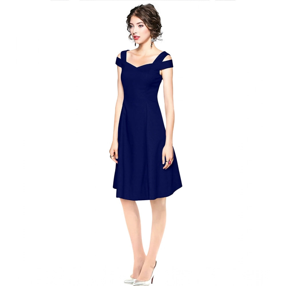 Women's Polyester Solid V Neck Cap Sleeve off Shoulder Dress (Blue)